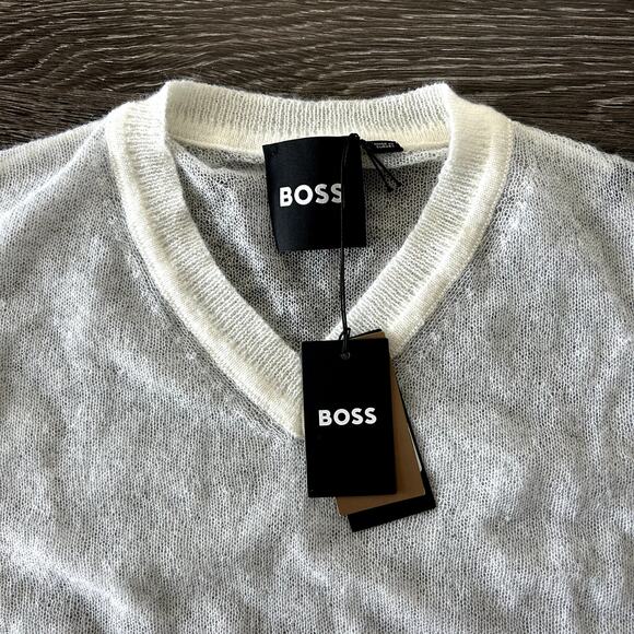 NWT BOSS Lucid White Mohair-Wool V-Neck Sweater Vest Size Medium Sheer Knit - Picture 6 of 16
